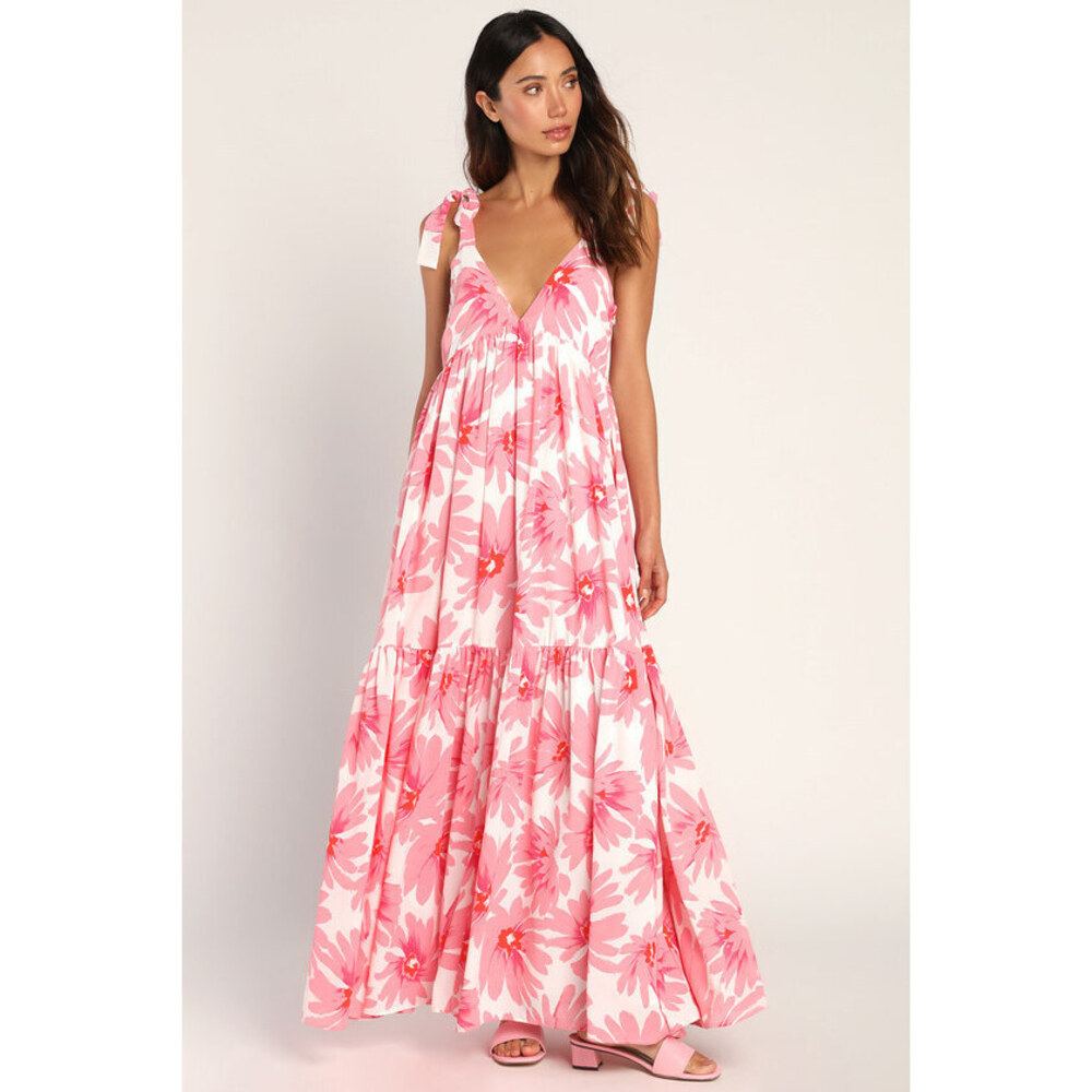 Lulus Lovely Days White Pink Floral Print Tie-strap Tiered Maxi Dress - Size S